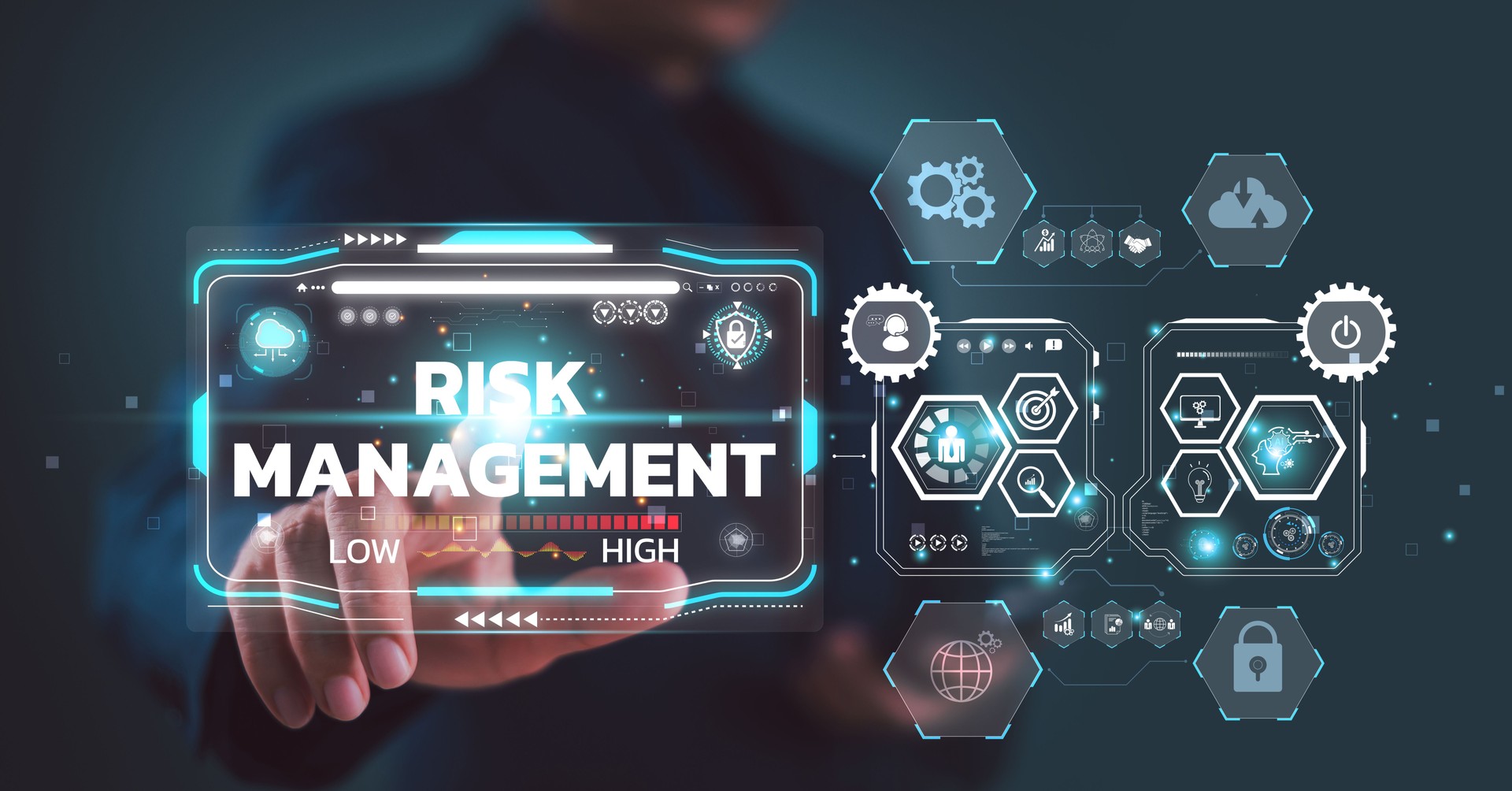 Risk management project icon, business plan concept. Businessman touch risk matrix screen. Assessment investment control technology. Internet network forecast evaluation, financial security strategy