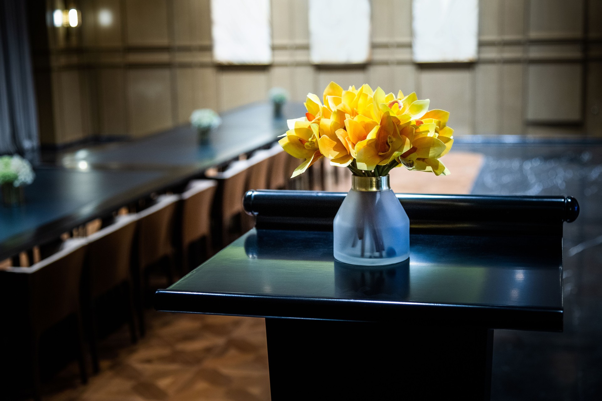 Business meeting room with a lectern