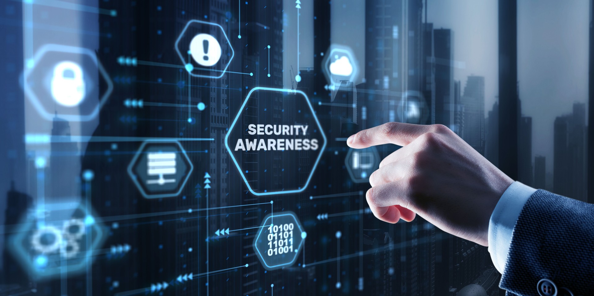 Virtual display button: Security Awareness Business, Technology, Internet and network concept